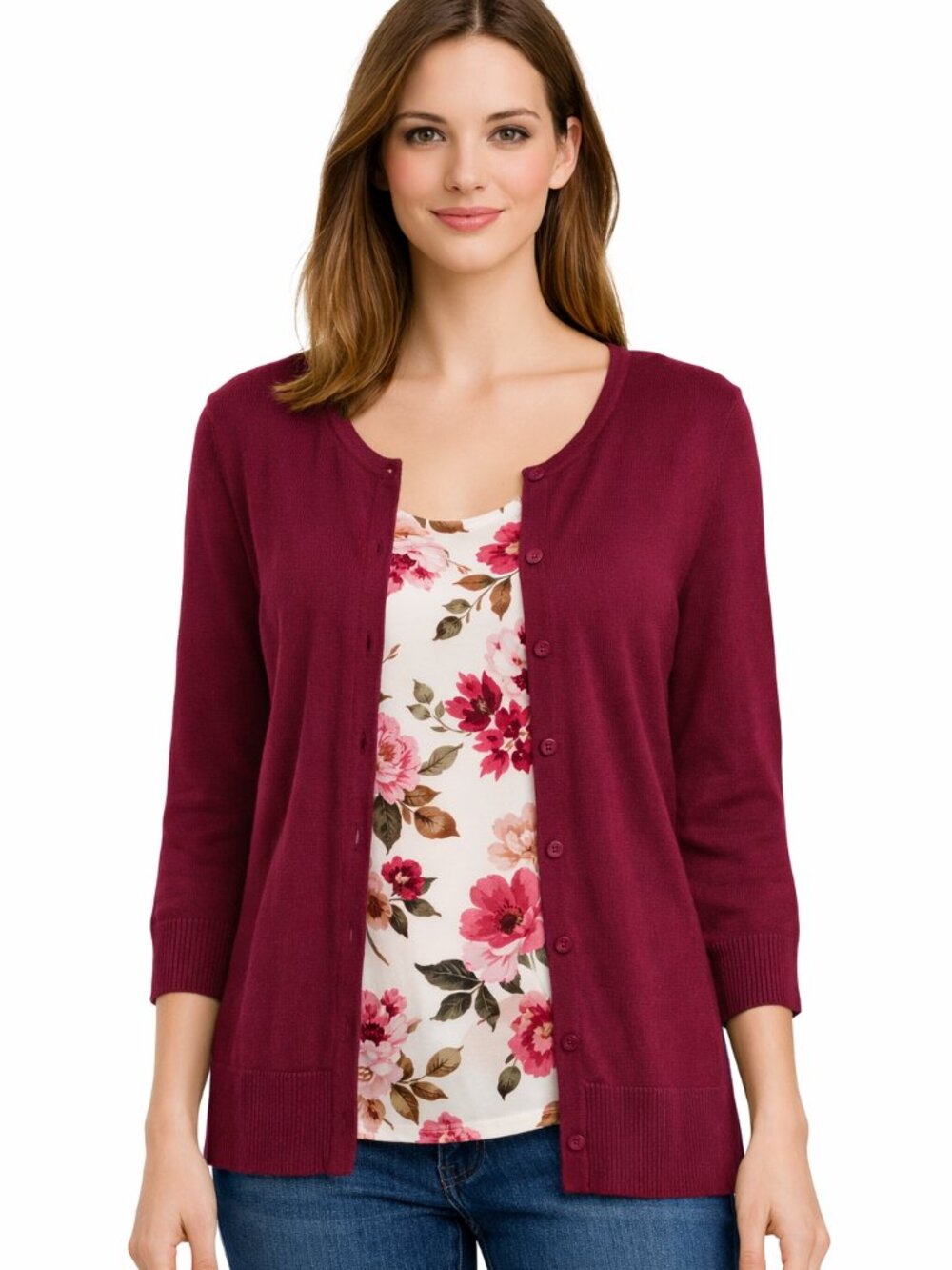 Dressbarn Button‑Front 3/4 Sleeve Cardigan Sweater